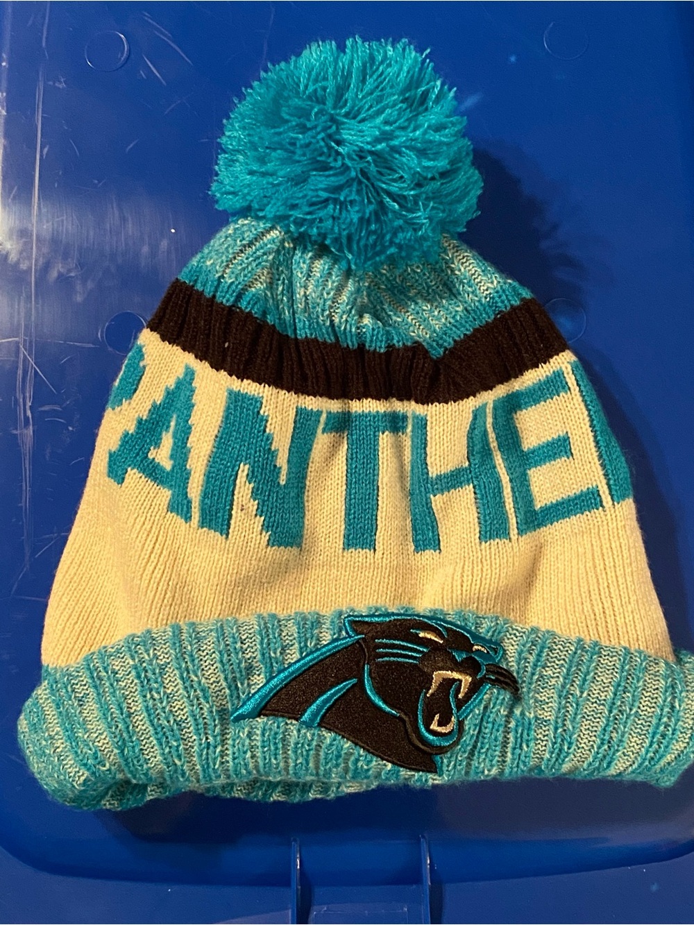 New Era Teal & Cream Carolina Panthers Pom Knit Beanie